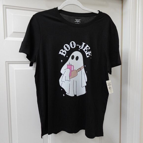 Women's Halloween Shirt LARGE Ghost Boo-Jee Short Sleeve Black Graphic Stanley - Picture 2 of 9